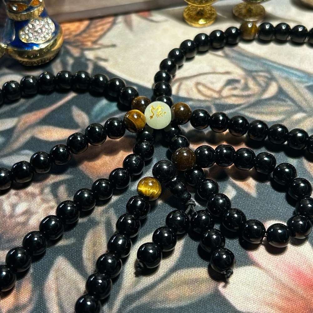 Long Black Natural Stone Necklace with Dragon Symbol | Men Jewelry | Onyx